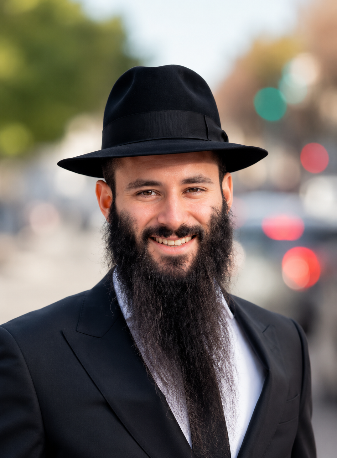 Rabbi Mendel Gurkow smiling with a long beard wearing a black hat and black suit outdoors.