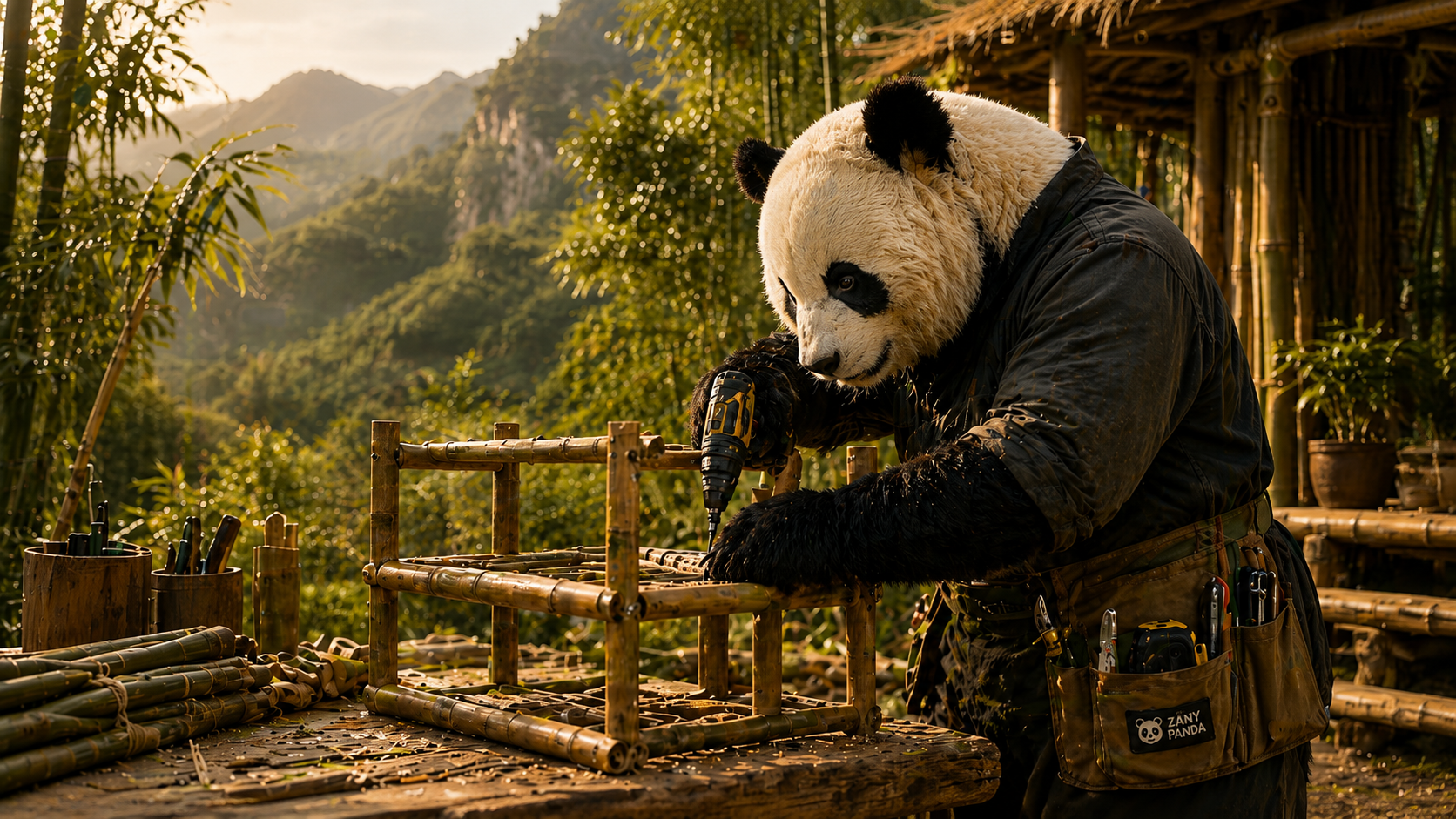 Panda using a power drill on a bamboo project in an outdoor mountain workshop.