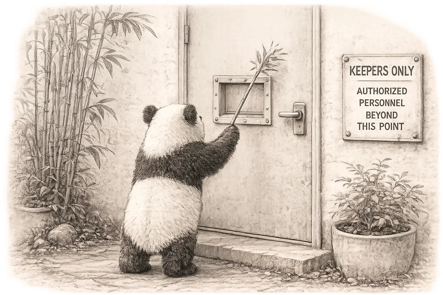 A sketch drawing of a panda cub using a bamboo branch to knock on its keeper's dooe
