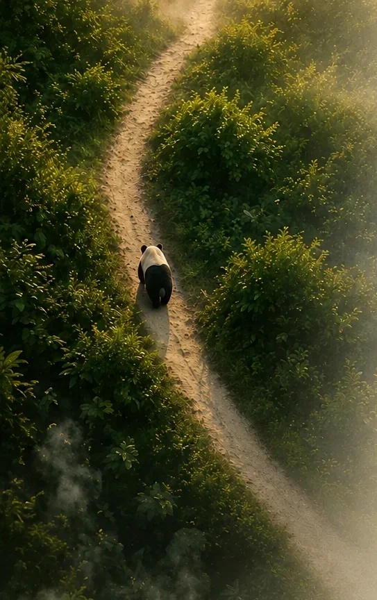 Panda walking along a narrow forest path surrounded by dense greenery, suggesting exploration and unexpected finds.