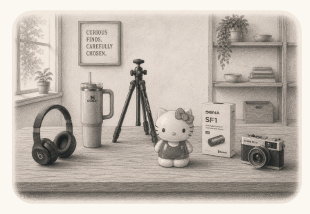 Sketch of assorted Zany Panda products on a tabletop, including headphones, a tumbler, tripod, Hello Kitty figure, communication gear, and a camera.