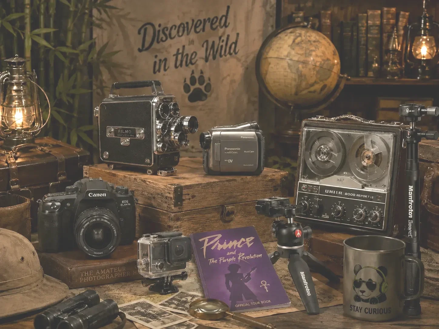 Vintage cameras, binoculars, books, and distinctive collectibles arranged in a rustic Discovered in the Wild display.