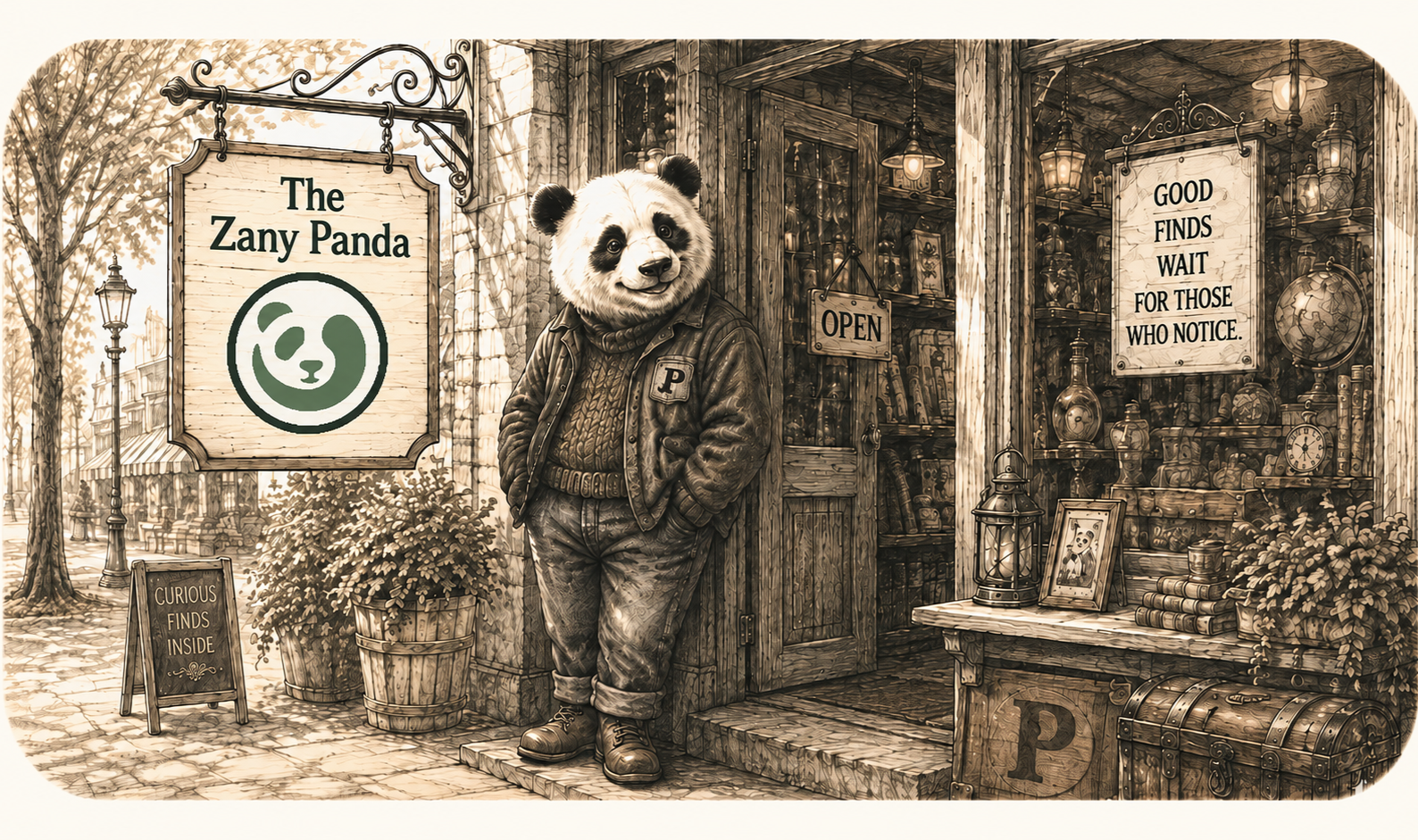 Sketch of a panda standing outside The Zany Panda storefront beside signs and displays inviting visitors to browse.