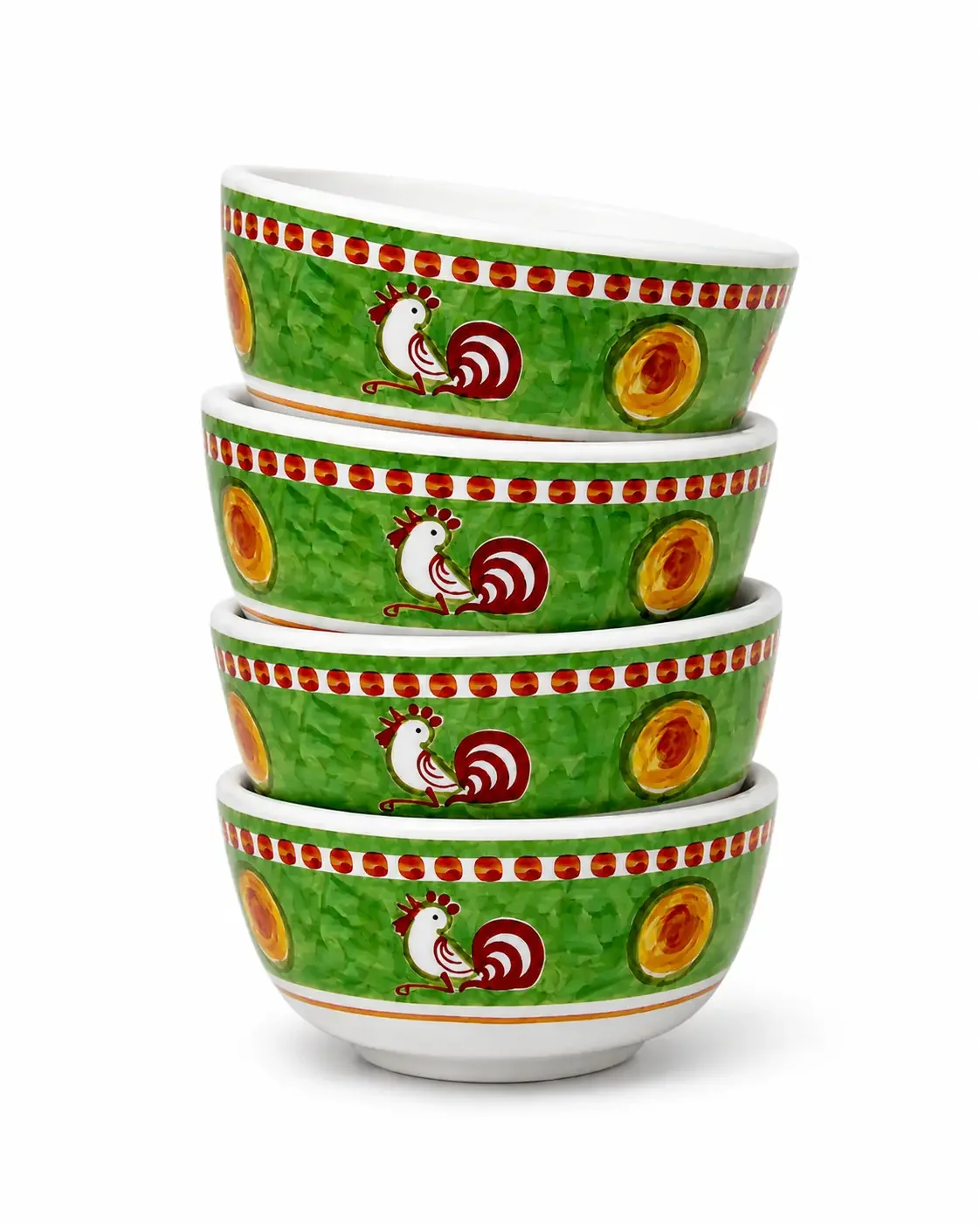 Vietri Campagna Gallina melamine cereal bowls with colorful rooster and egg pattern, set of four.