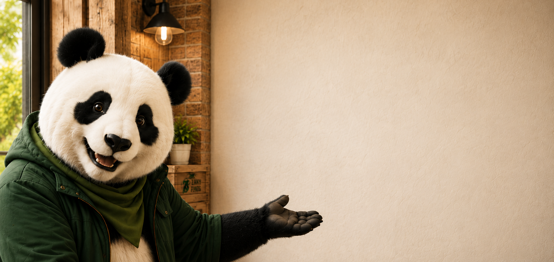 Panda peeking into a curated product display featuring headphones, a water bottle, a monopod, and vintage audio equipment.
