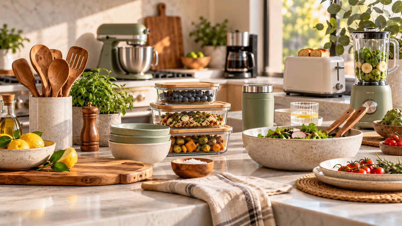 Modern kitchen counter with utensils, storage containers, bowls, blender, toaster, coffee maker, and stand mixer.