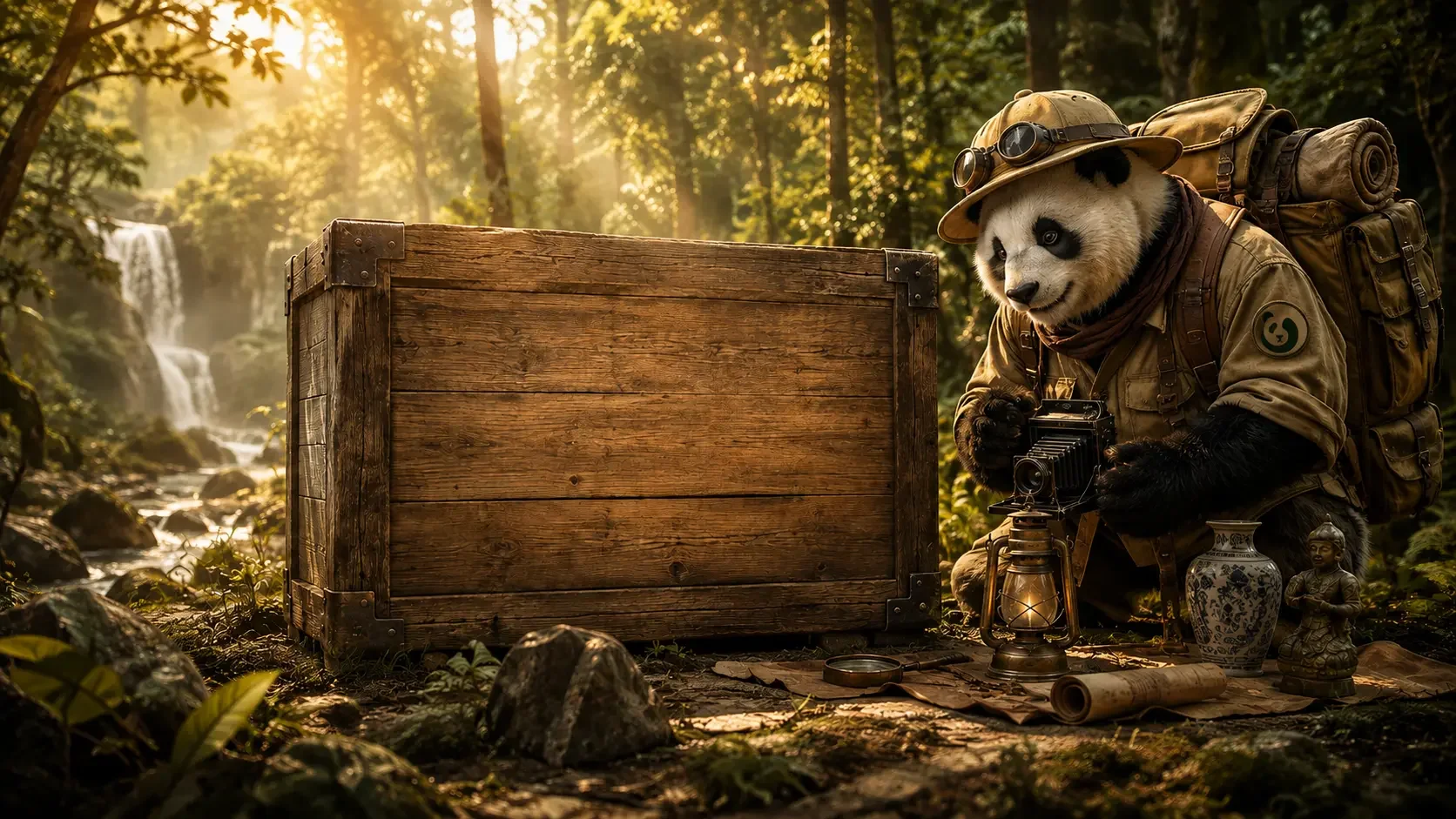 Explorer panda with a vintage camera beside a wooden crate labeled “Discovered in the Wild” in a forest setting.