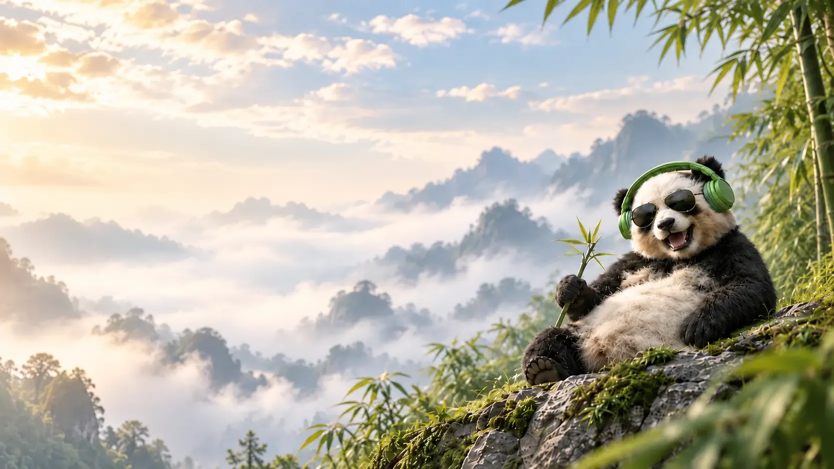 Panda wearing sunglasses and green headphones, sitting with a bamboo stalk with mountains in the background.