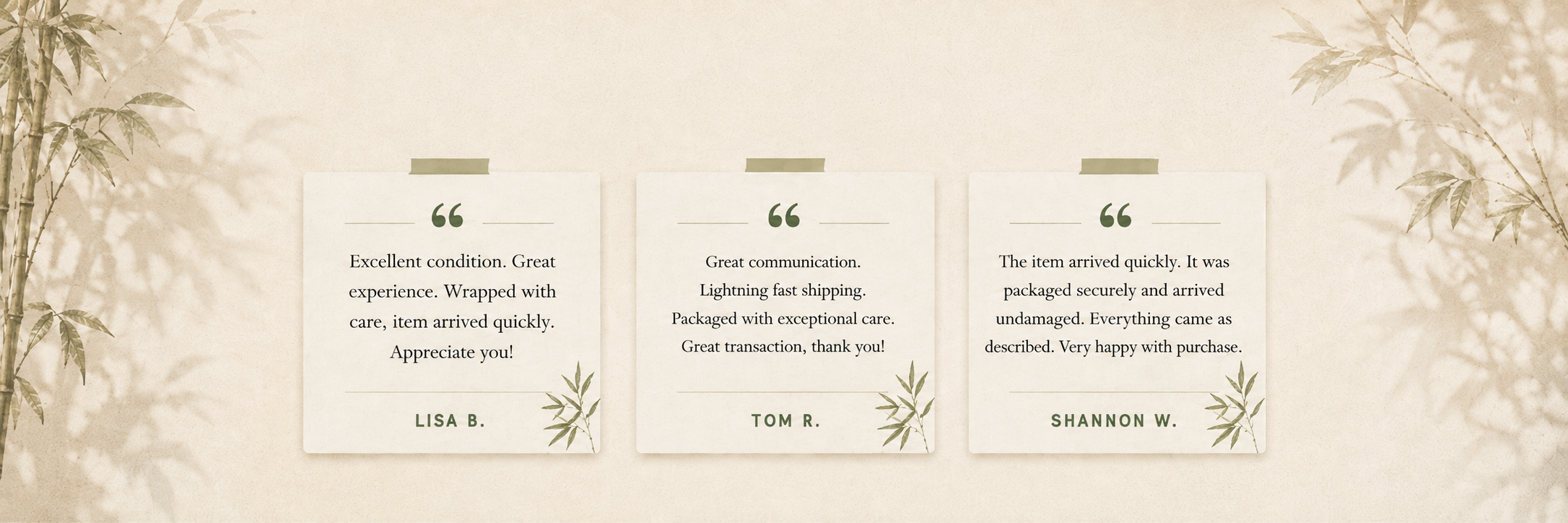 Voices in the Wild customer testimonial section featuring three reviews about condition, communication, fast shipping, and careful packaging.