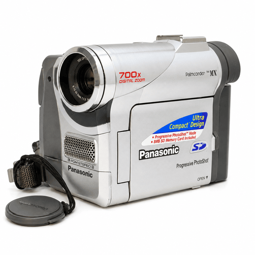 Panasonic PV-DC252D digital MiniDV Palmcorder camcorder on a white studio background.