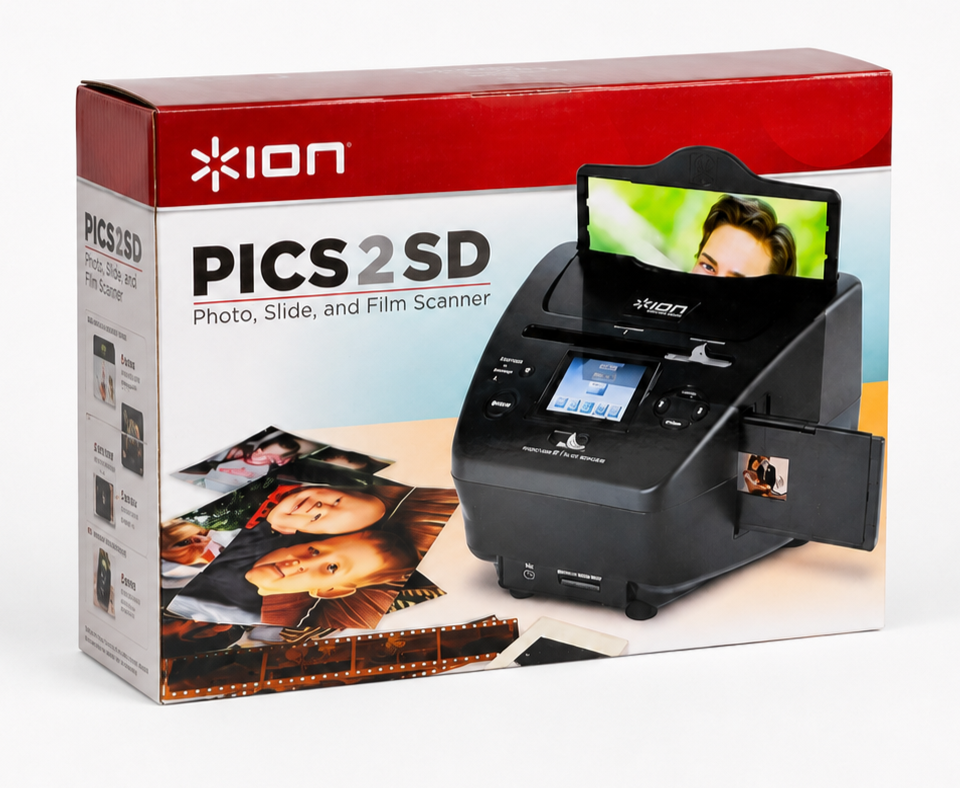ION PICS2SD photo, slide, and film scanner shown at an angle in retail packaging on a white studio background.