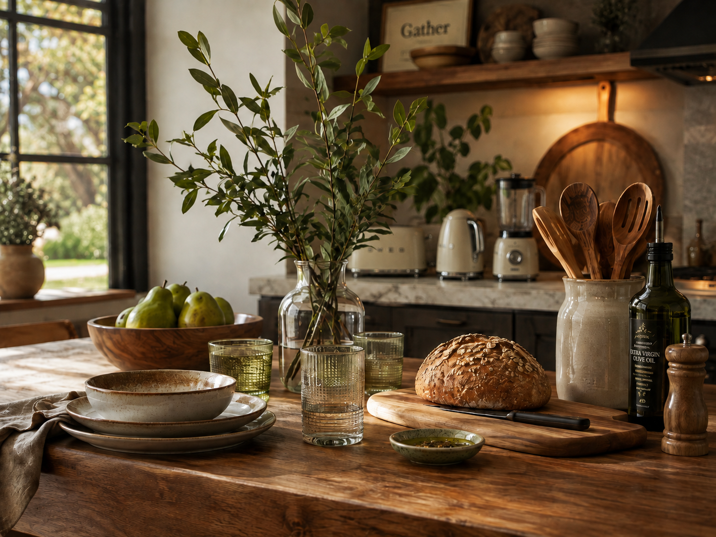 Warm kitchen scene with tableware, utensils, bread, and plants representing Kitchen & Beyond.