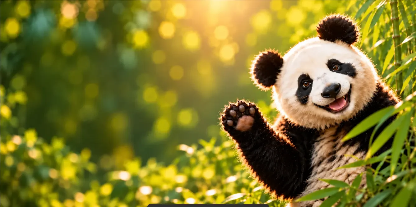 Smiling Zany Panda mascot waving from bamboo