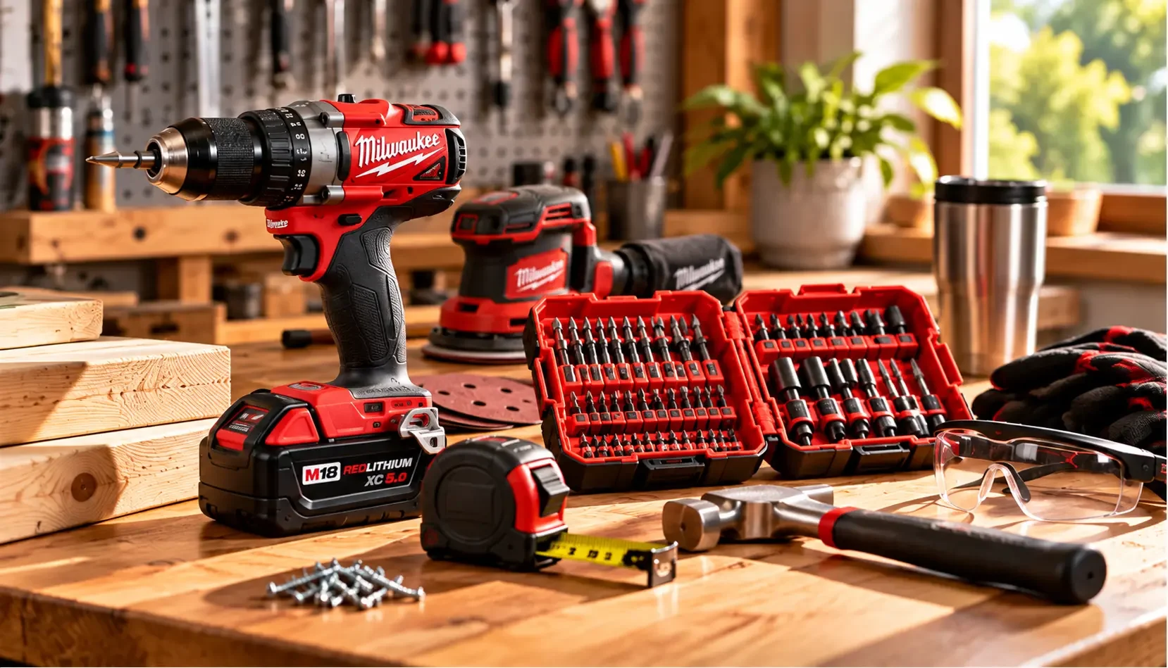 A workbench with various power tools and accessories, including a red and black cordless drill, a set of screwdriver bits, a measuring tape, safety glasses, a rubber mallet, and gloves. The background shows a workshop with wooden shelves and a potted plant near a window.