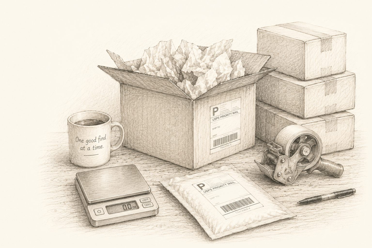 Sketch of shipping boxes, packing materials, a postal scale, labels, and tape representing the early beginnings of The Zany Panda.