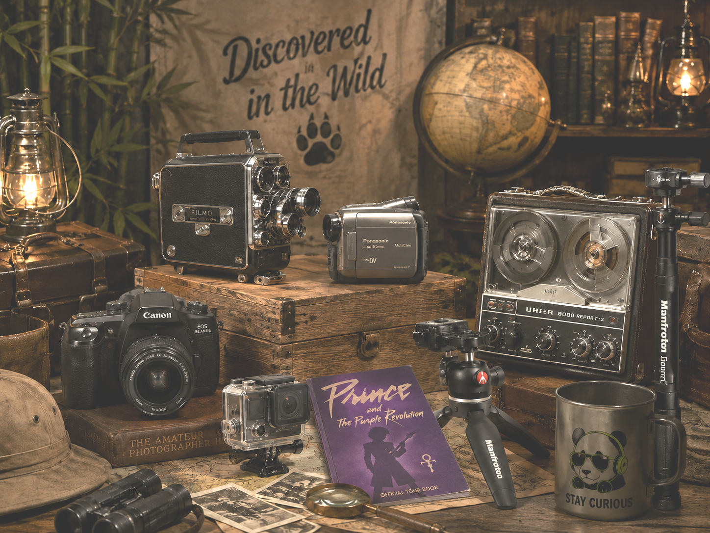 Vintage camera and audio equipment displayed with books, a globe, and memorabilia in a nostalgic shop setting.