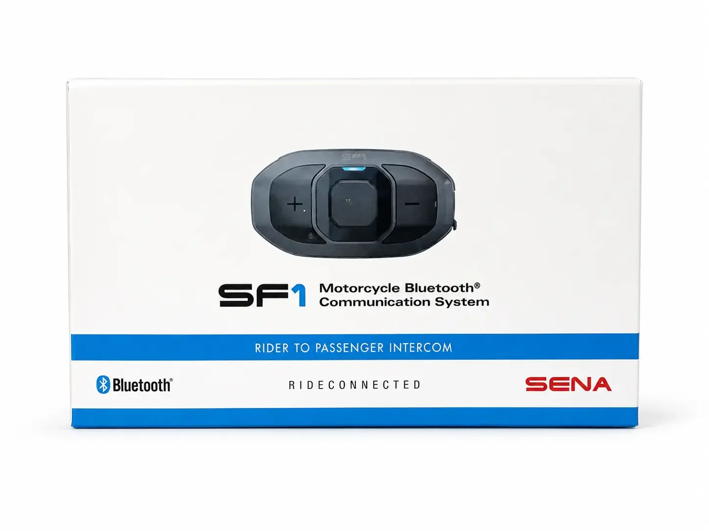 Sena SF1 Rider-to-Passenger Bluetooth motorcycle communication system in retail packaging.