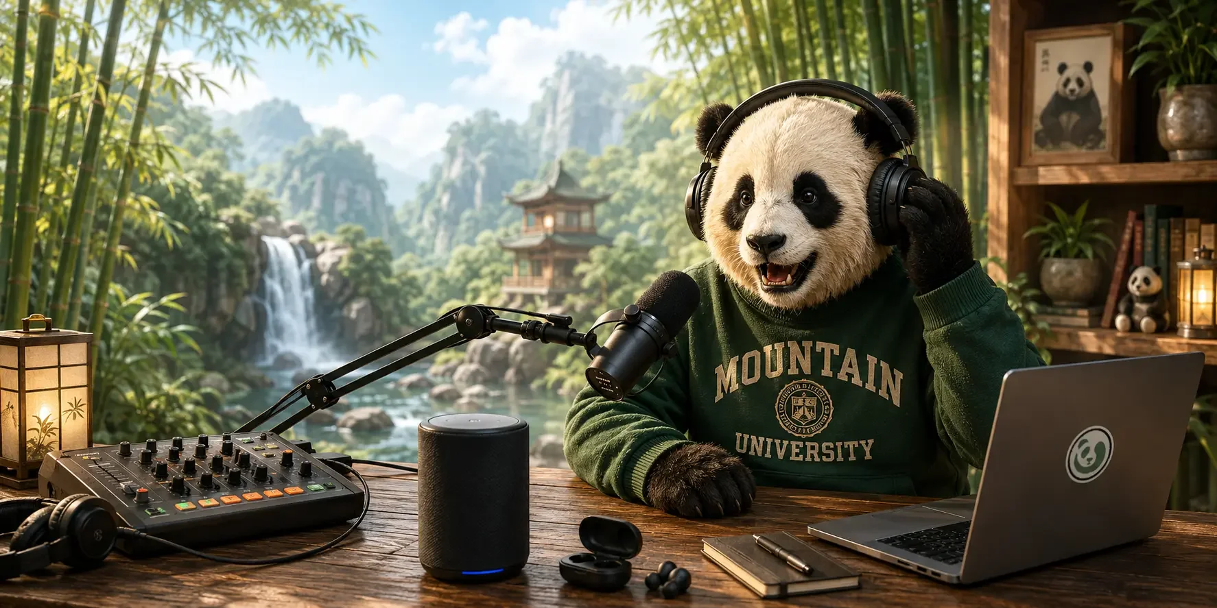 An image of the Panda wearing headphones and doing a podcast