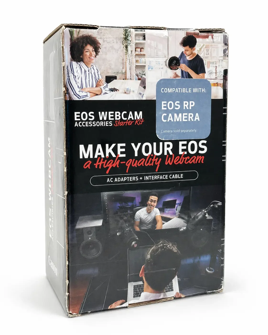 Canon EOS webcam accessories starter kit in retail packaging on a white studio background.