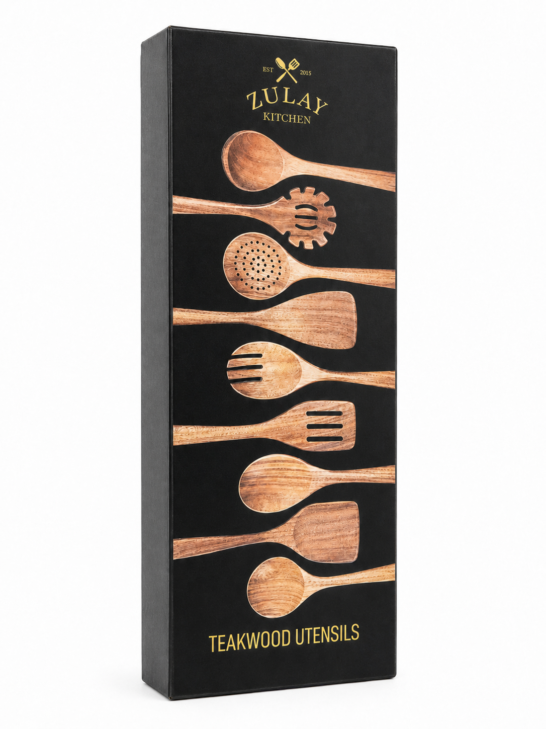 Zulay Kitchen 9-piece teakwood utensil set in retail packaging on a white studio background.