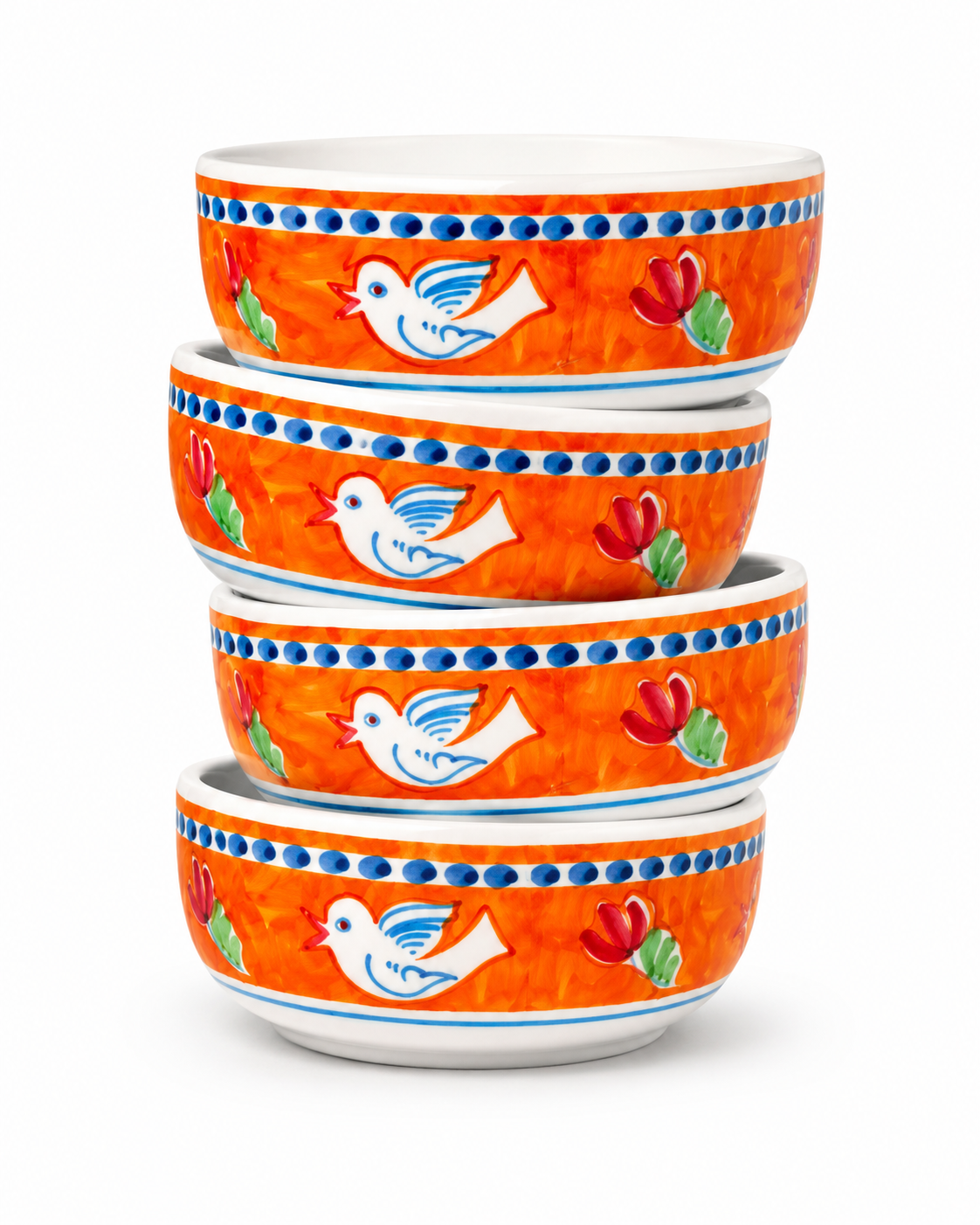 Set of four Vietri Campagna Uccello melamine cereal bowls stacked on a white studio background.