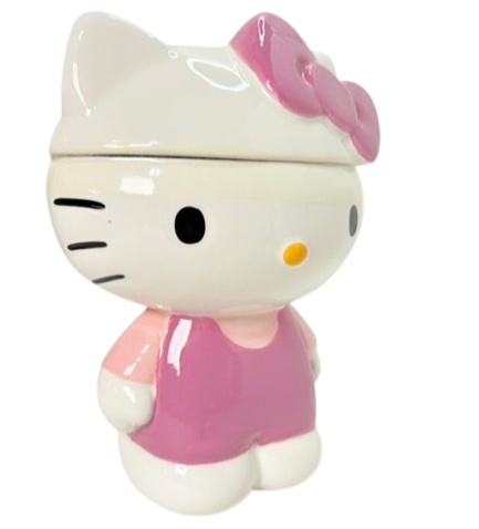 Hello Kitty sculpted ceramic cookie jar in pink and white on a white studio background.