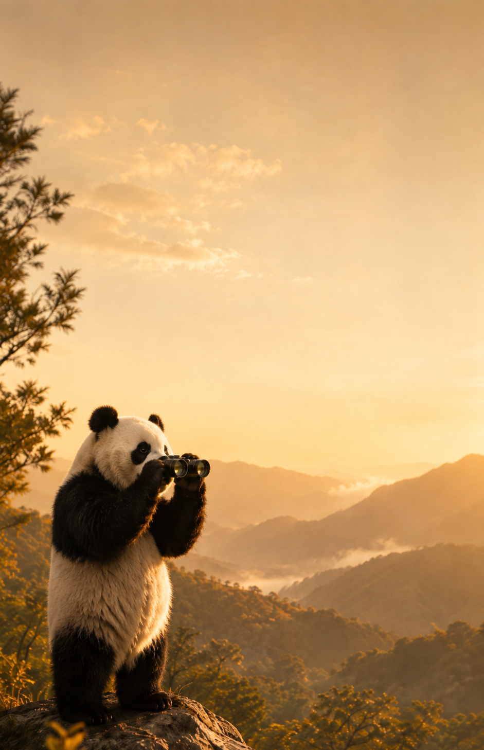 Golden mountain overlook with a panda explorer, used as a transition into the Discovered in the Wild section.