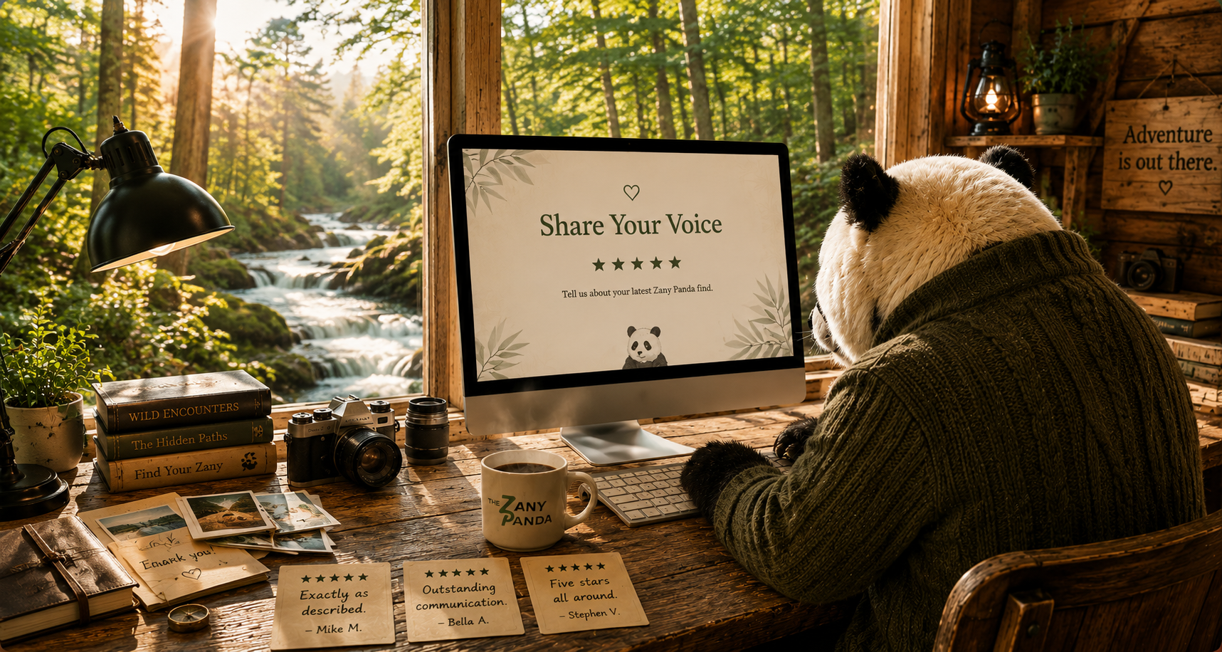 Panda at a desk viewing a “Share Your Voice” feedback page on a computer in a cozy forest workspace.