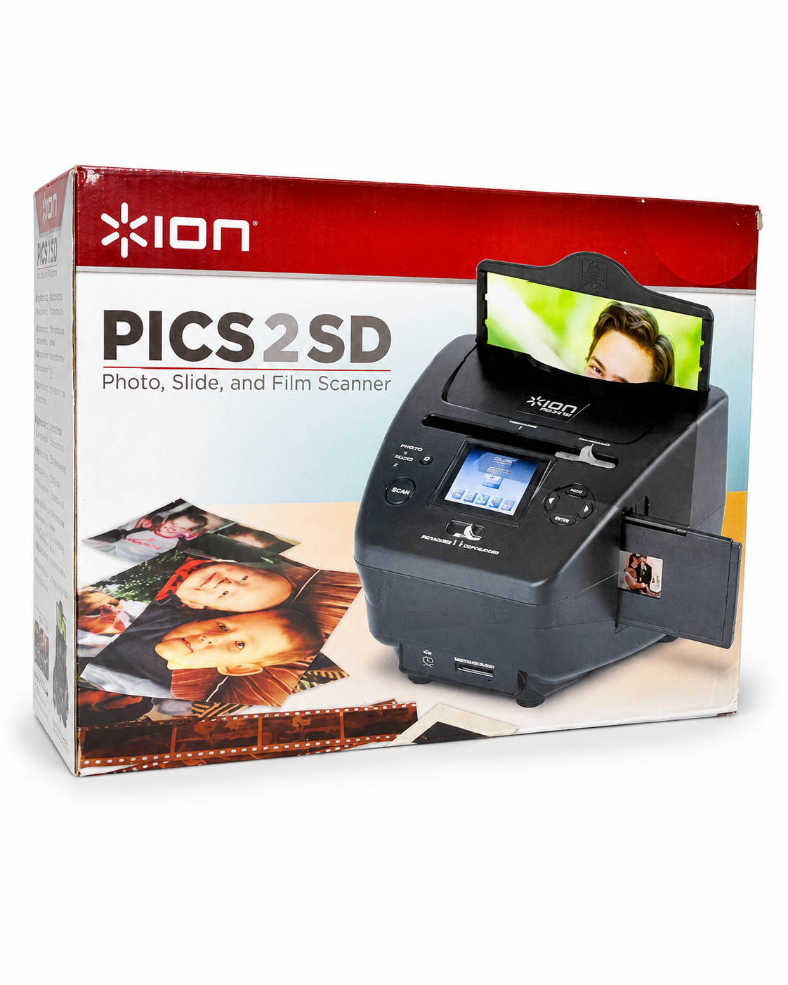 ION PICS2SD photo, slide, and film scanner in retail packaging on a white studio background.