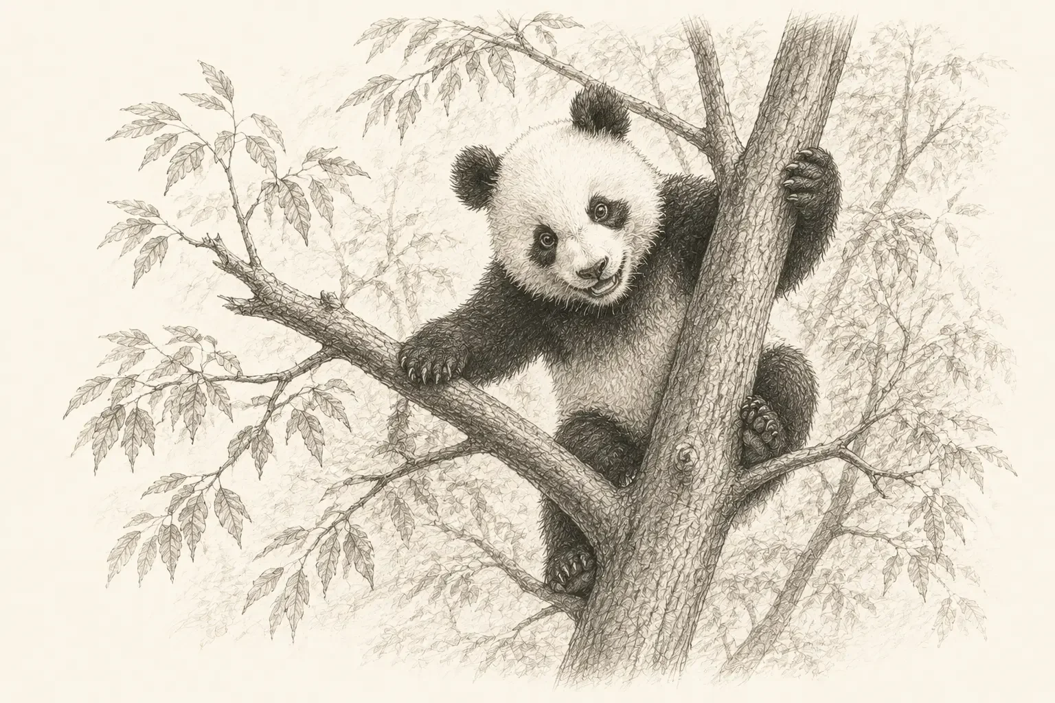 A sketch showing a panda cub perched in a tree looking at the zoo's keepers