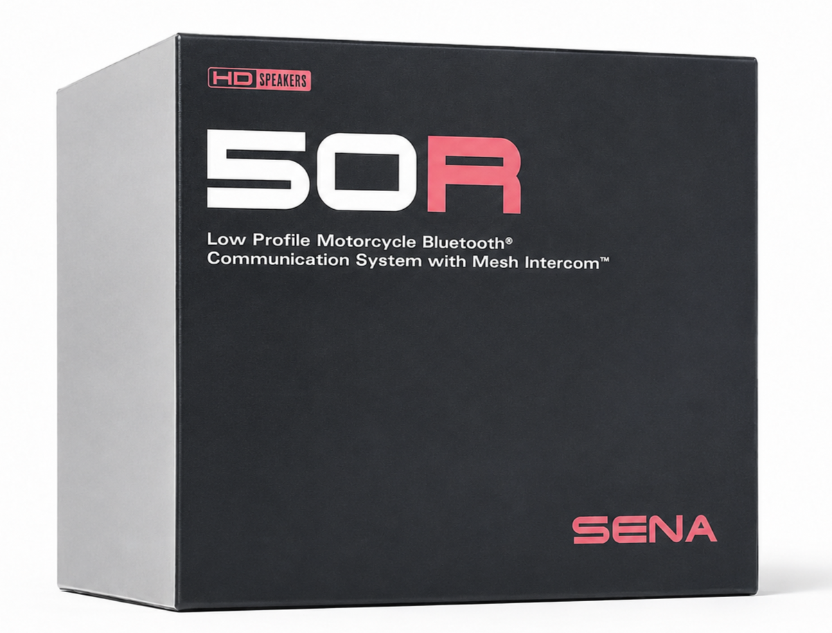 Sena 50R motorcycle mesh intercom system in retail packaging on a white studio background.