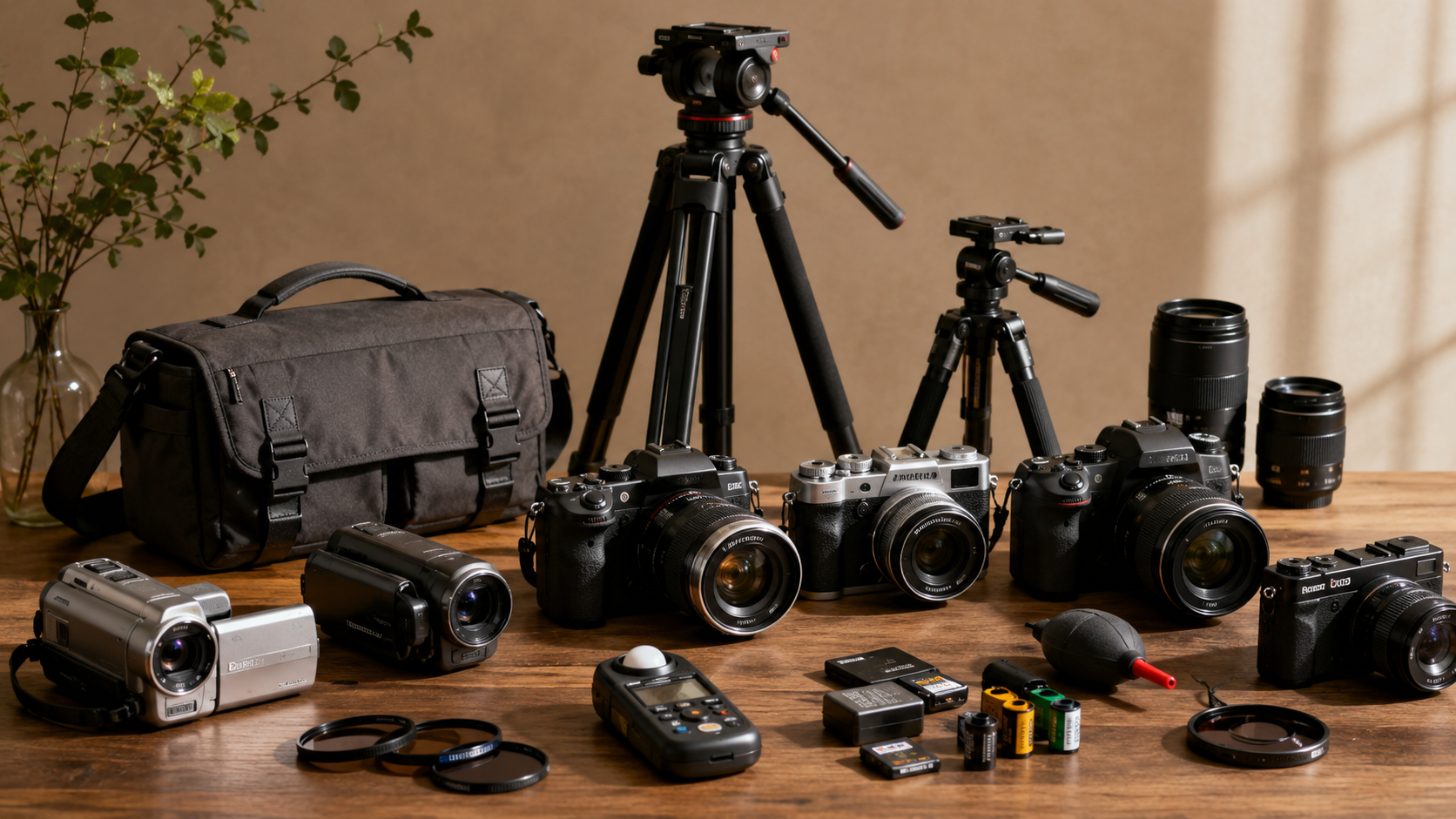 Photography gear scene with cameras, tripods, a camera bag, lenses, and accessories arranged on a tabletop.