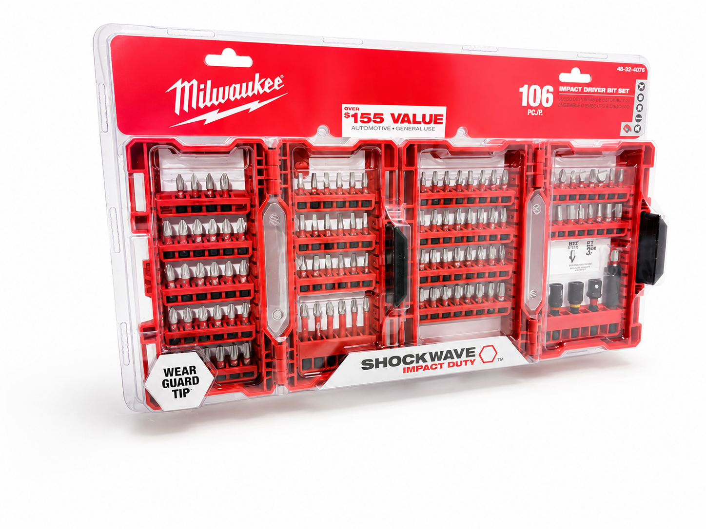 Milwaukee Shockwave 106-piece impact driver bit set shown at an angle in red retail packaging on a white studio background.