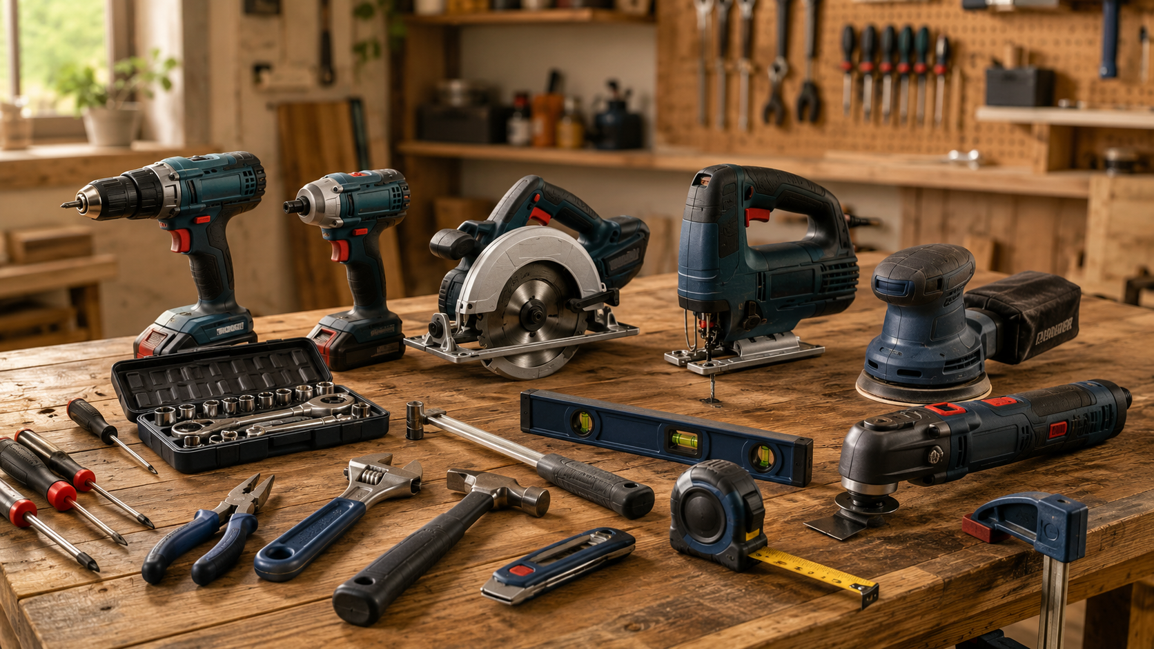 Workshop scene with power tools, hand tools, a circular saw, drill, sander, and measuring tools arranged on a workbench.