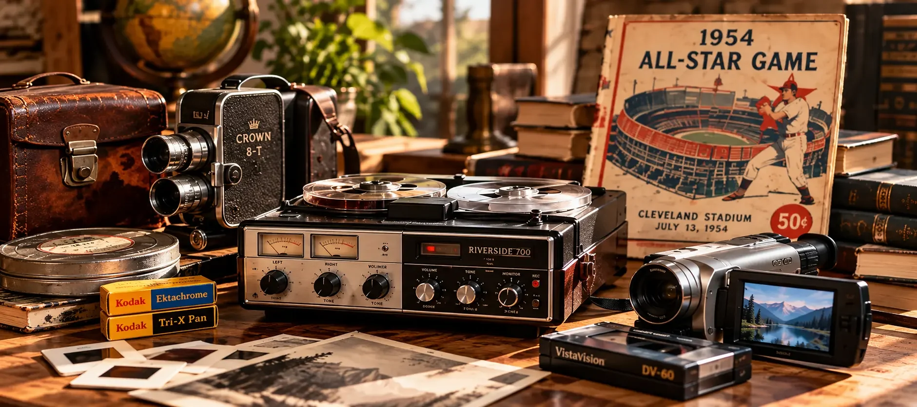 Vintage movie camera, reel-to-reel tape recorder, film reels, old photographs, camcorder, and 1954 All-Star Game program arranged on a wooden table.