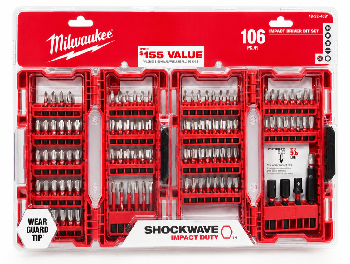 Milwaukee Shockwave 106-piece impact driver bit set in red retail packaging on a white studio background.