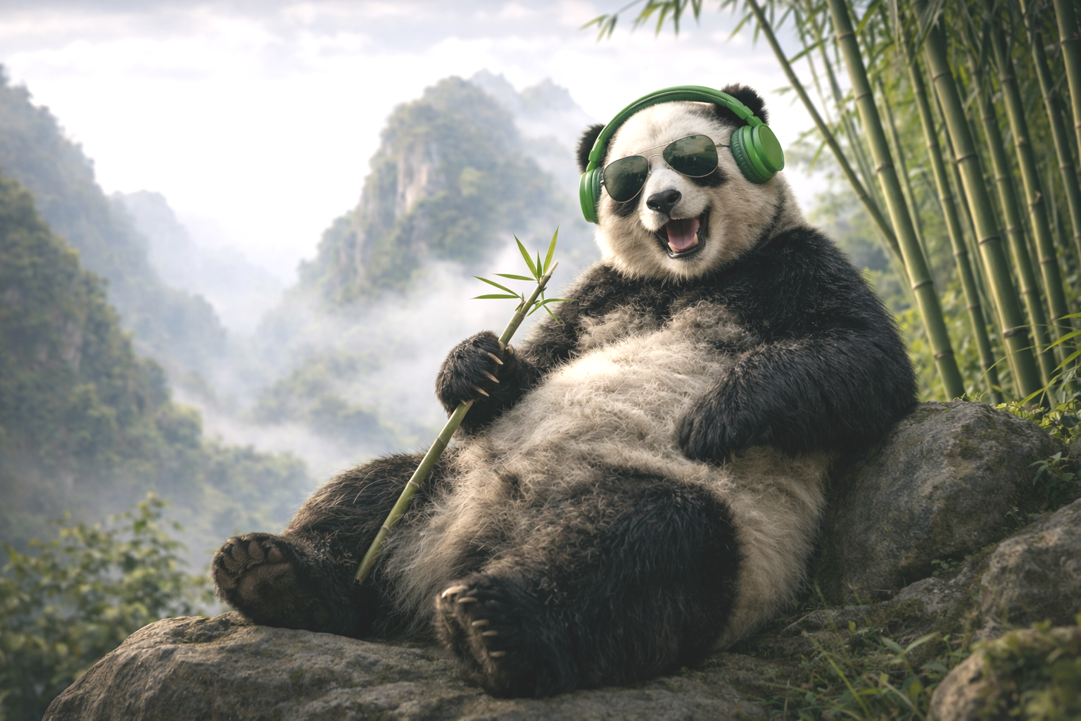 Panda wearing green headphones and sunglasses relaxing in a bamboo forest with misty mountains.