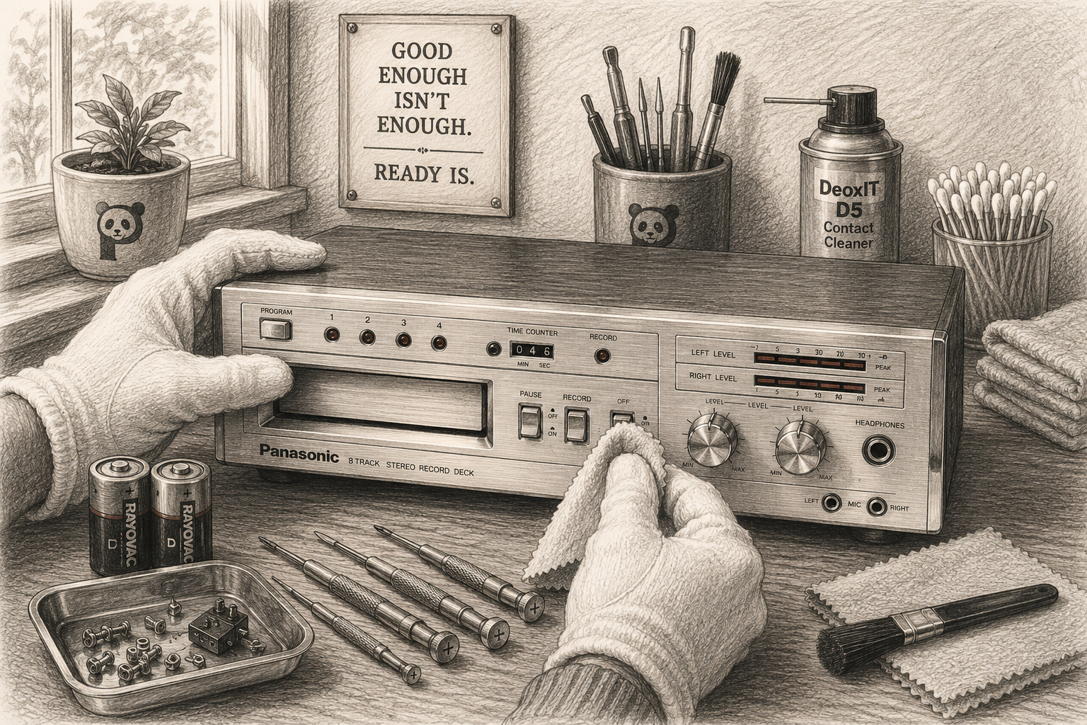 Sketch of hands restoring a vintage Panasonic 8-track player with cleaning tools and batteries on a workbench.