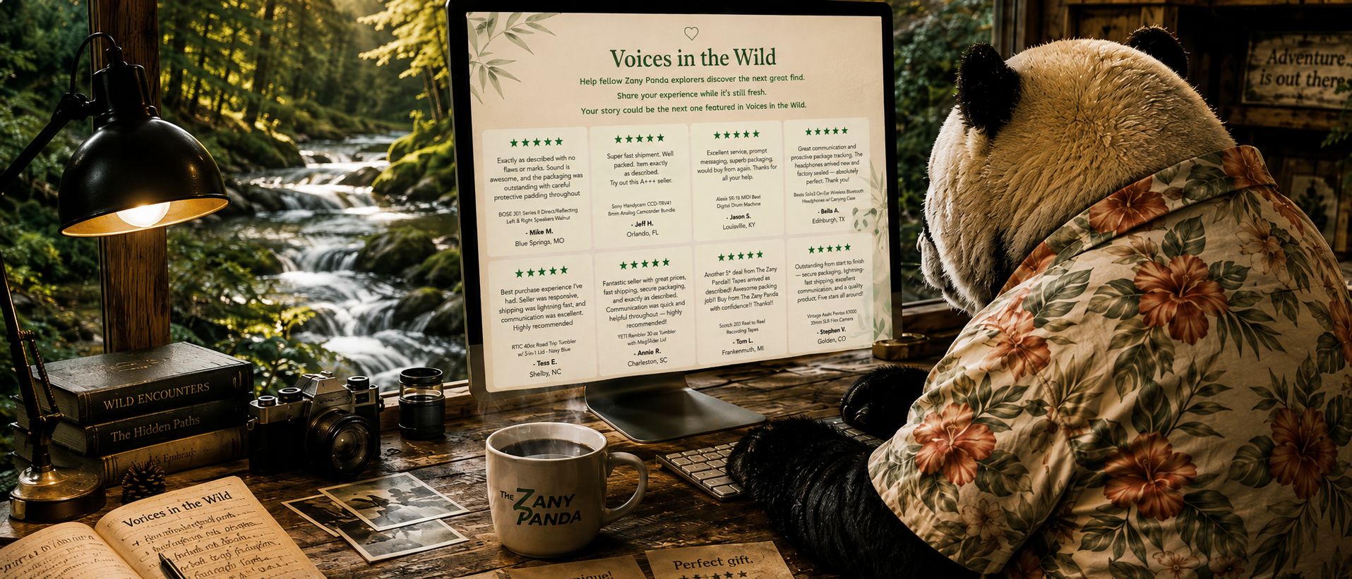 Panda reading customer reviews on a “Voices in the Wild” page displayed on a computer in a cozy forest workspace.