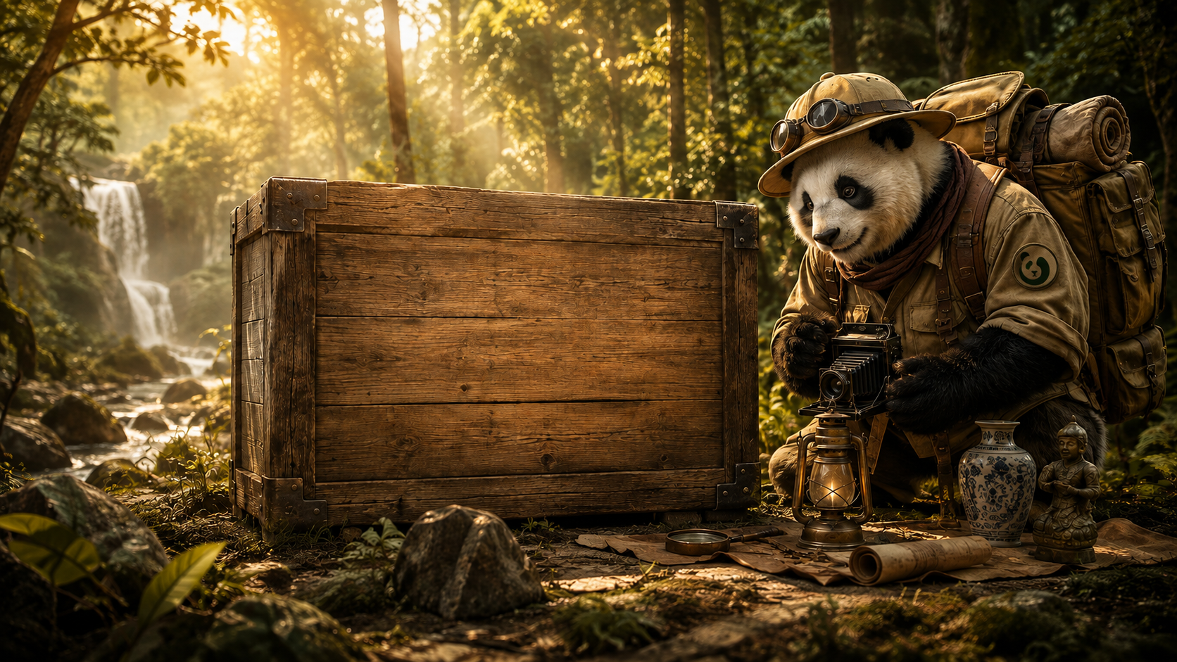 Explorer panda with a vintage camera beside a wooden crate labeled “Discovered in the Wild” in a forest setting.