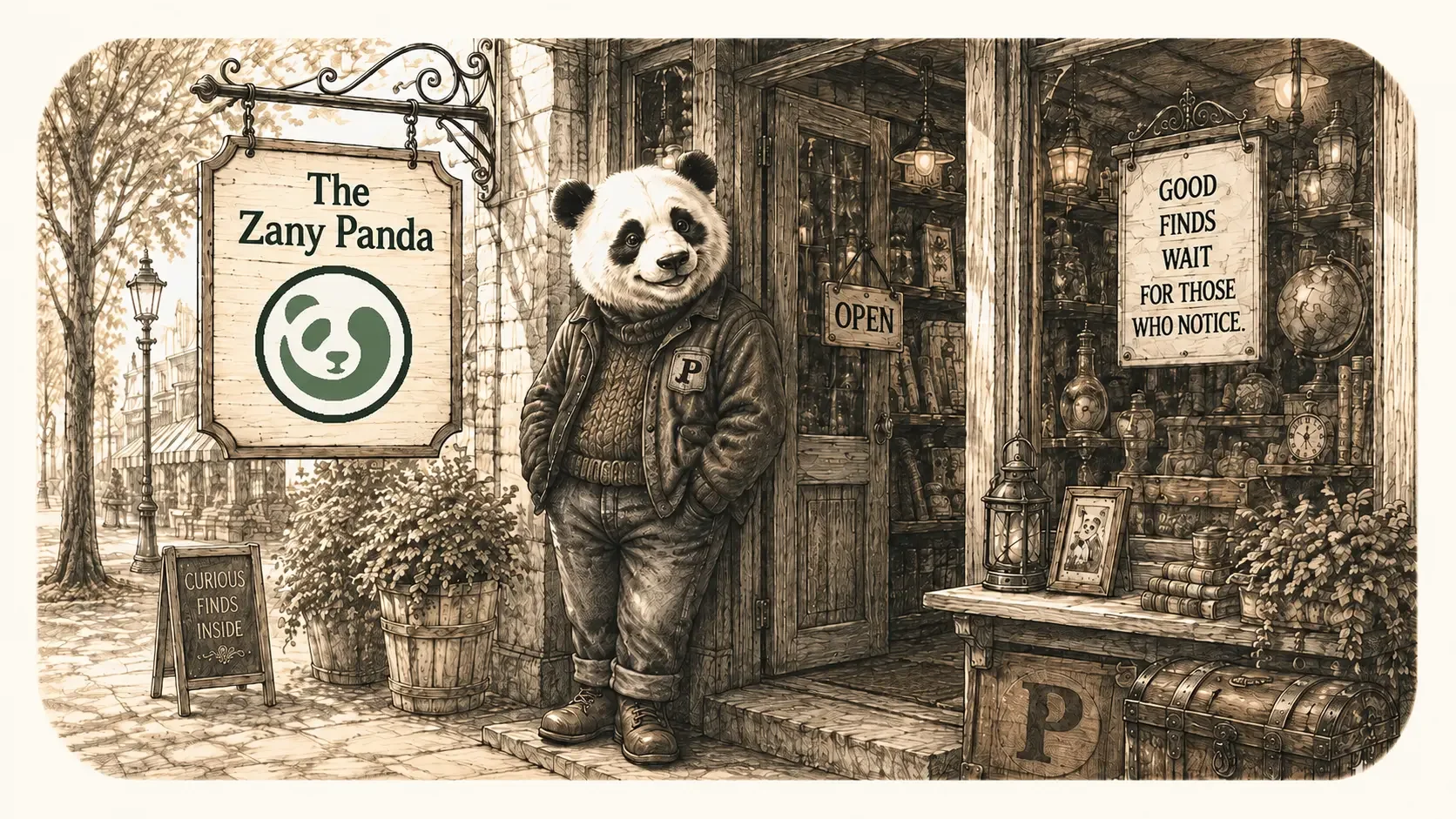 The Zany Panda guide outside a vintage-style shop filled with curious finds and collectibles.