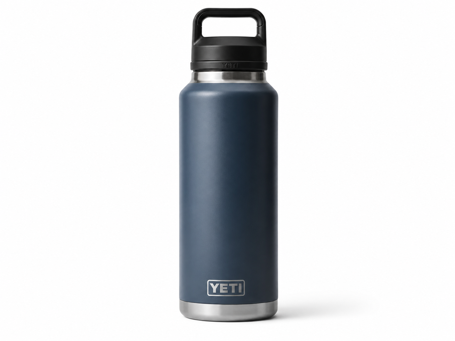 Blue YETI Rambler 46-ounce insulated bottle on a white studio background.