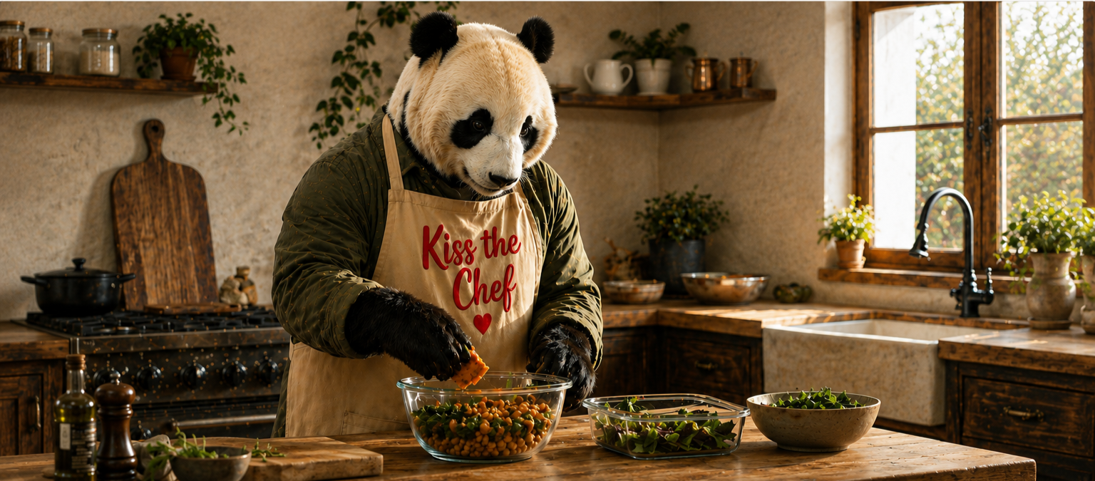 Panda preparing a fresh meal in a warm rustic kitchen while wearing a “Kiss the Chef” apron.