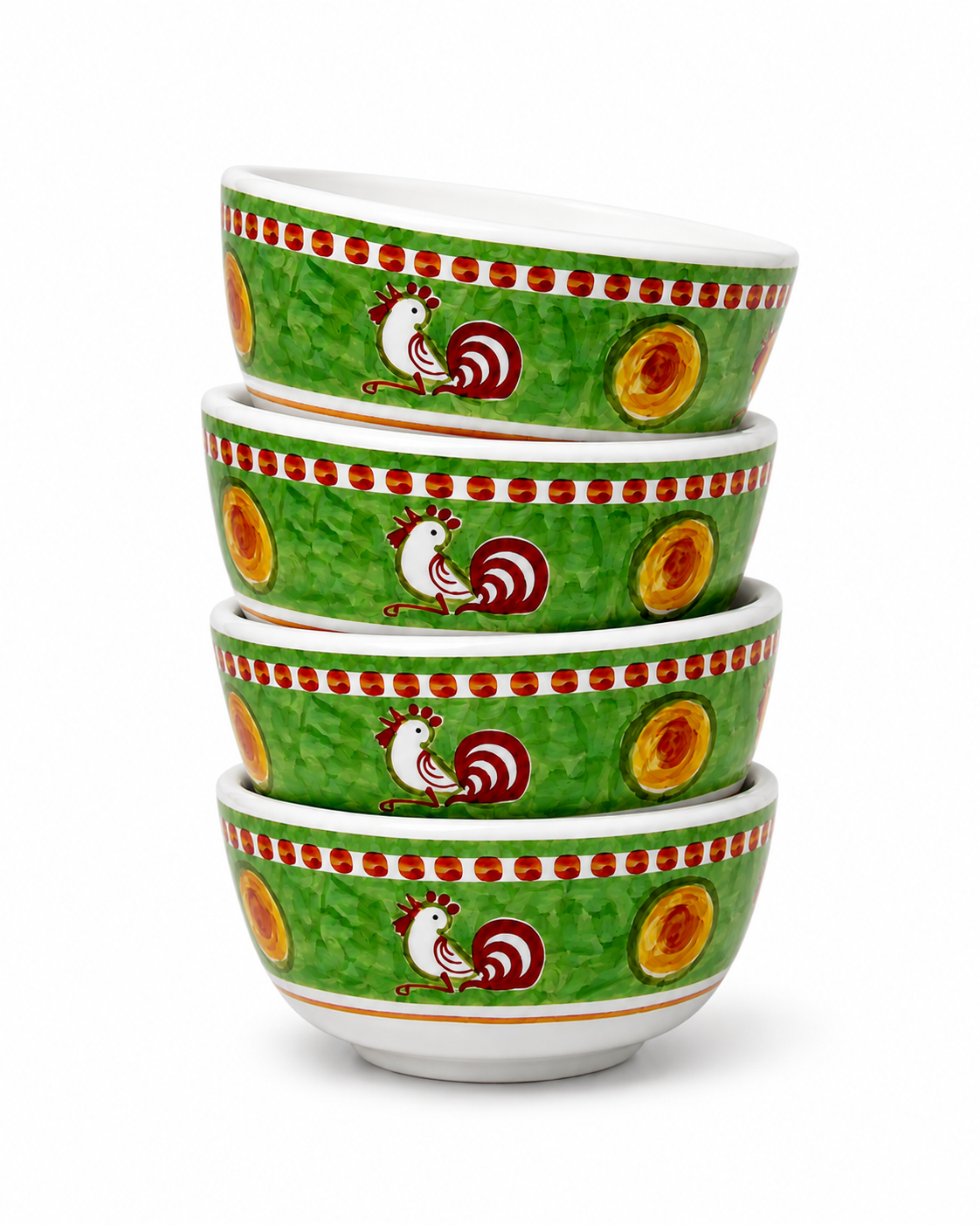 Set of four Vietri Campagna Gallina melamine cereal bowls stacked on a white studio background.