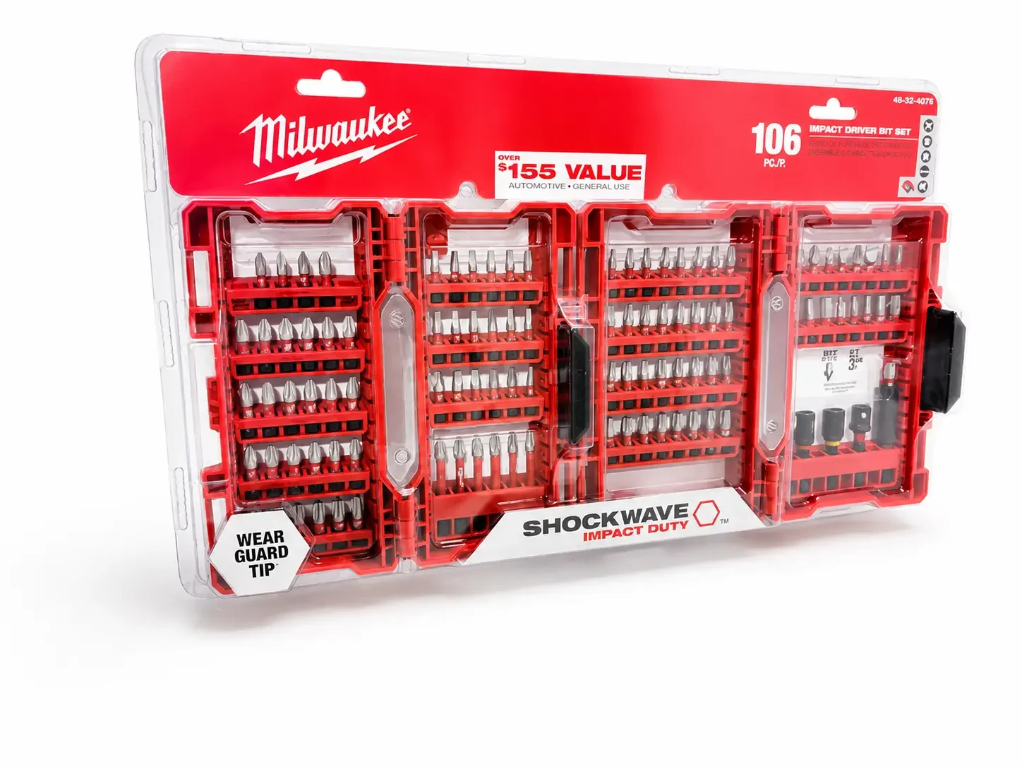 Milwaukee Shockwave 106-piece impact driver bit set in red retail packaging on a white studio background.