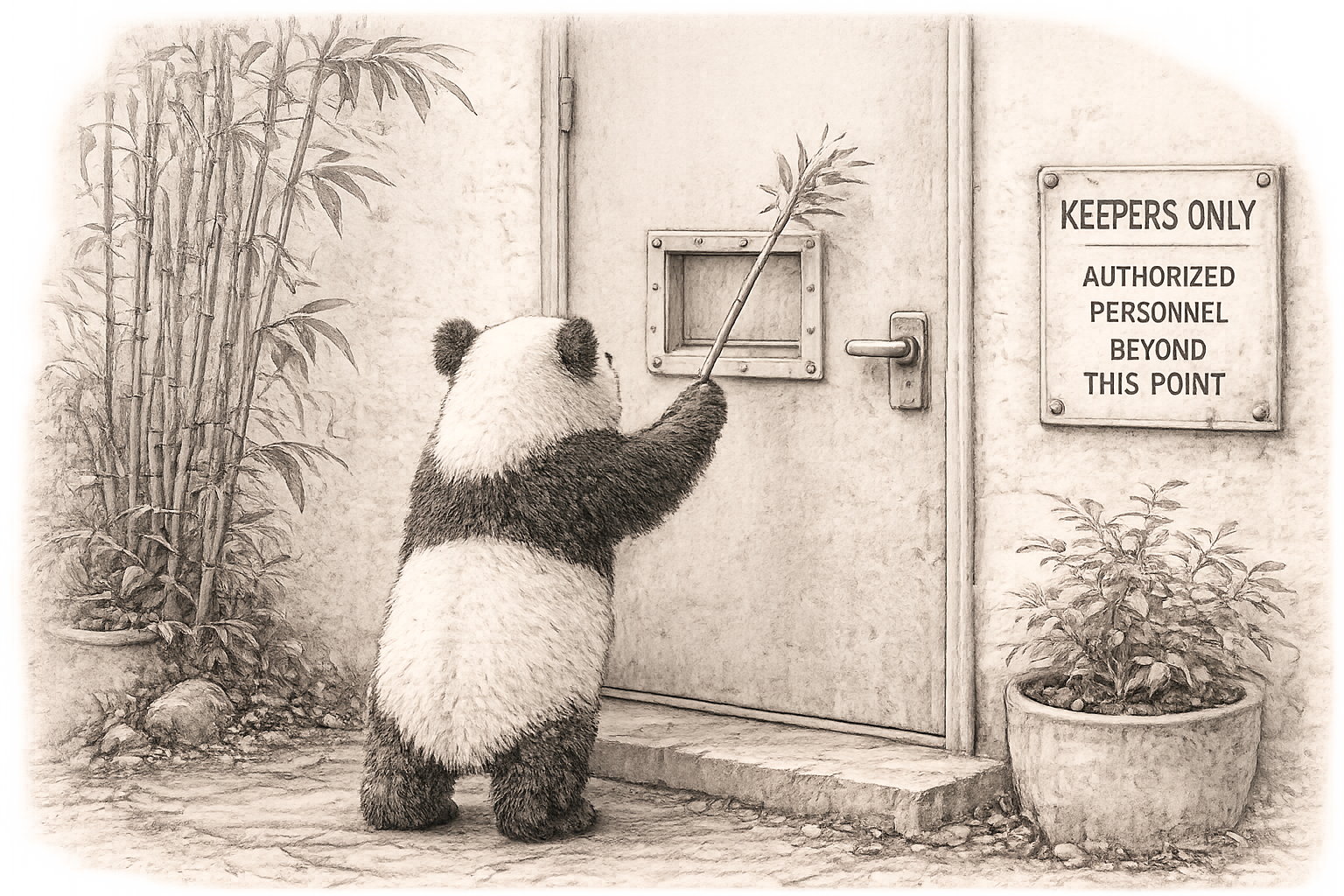 Sketch of a panda knocking on a keeper’s door with a bamboo stalk beside a “Keepers Only” sign.