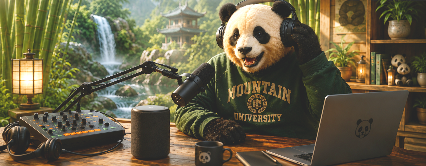 Panda wearing headphones at a podcast and audio workstation with a microphone, mixer, speaker, and laptop in a bamboo garden setting.