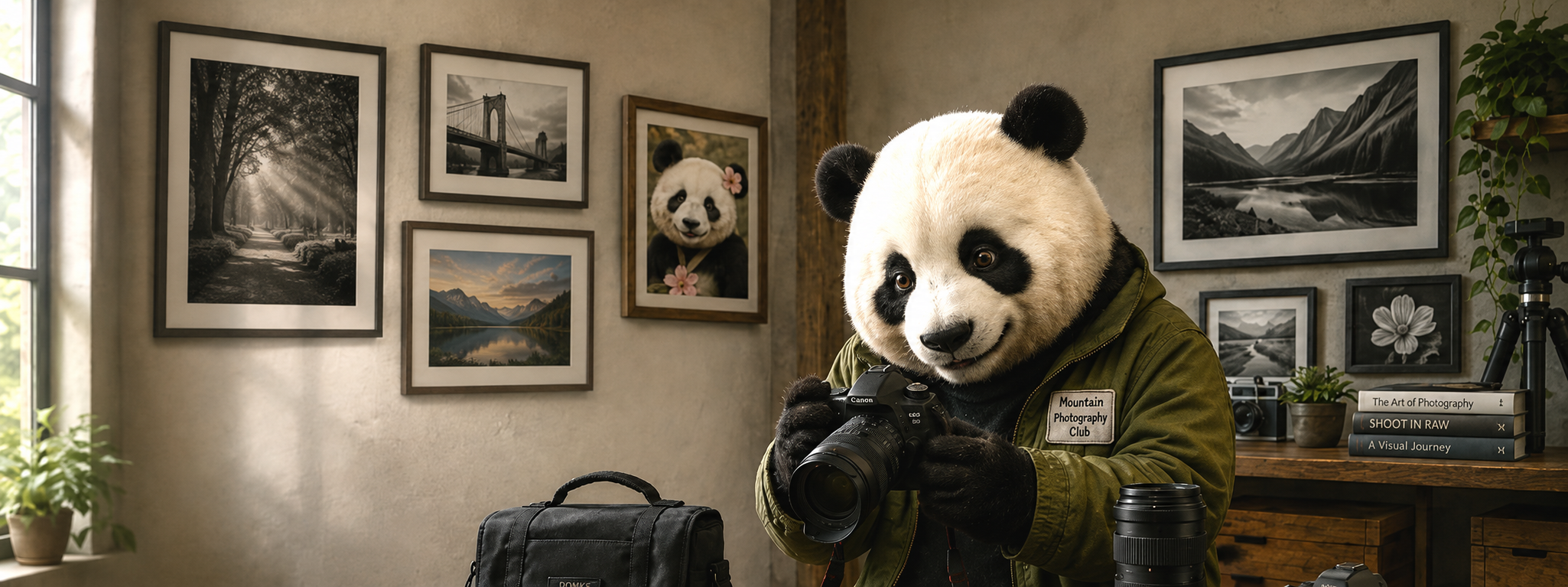 Panda photographer holding a DSLR camera in a photo studio with framed landscape prints, camera gear, and lenses.