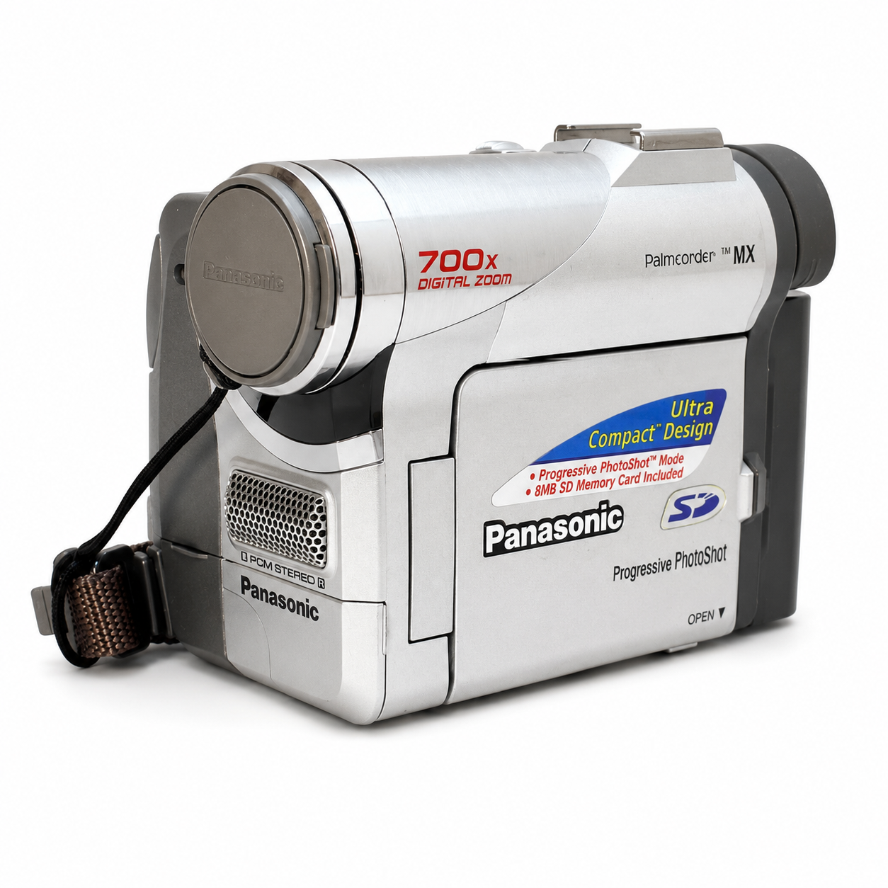 Panasonic PV-DC252D MiniDV Palmcorder camcorder shown from the front-left angle on a white studio background.