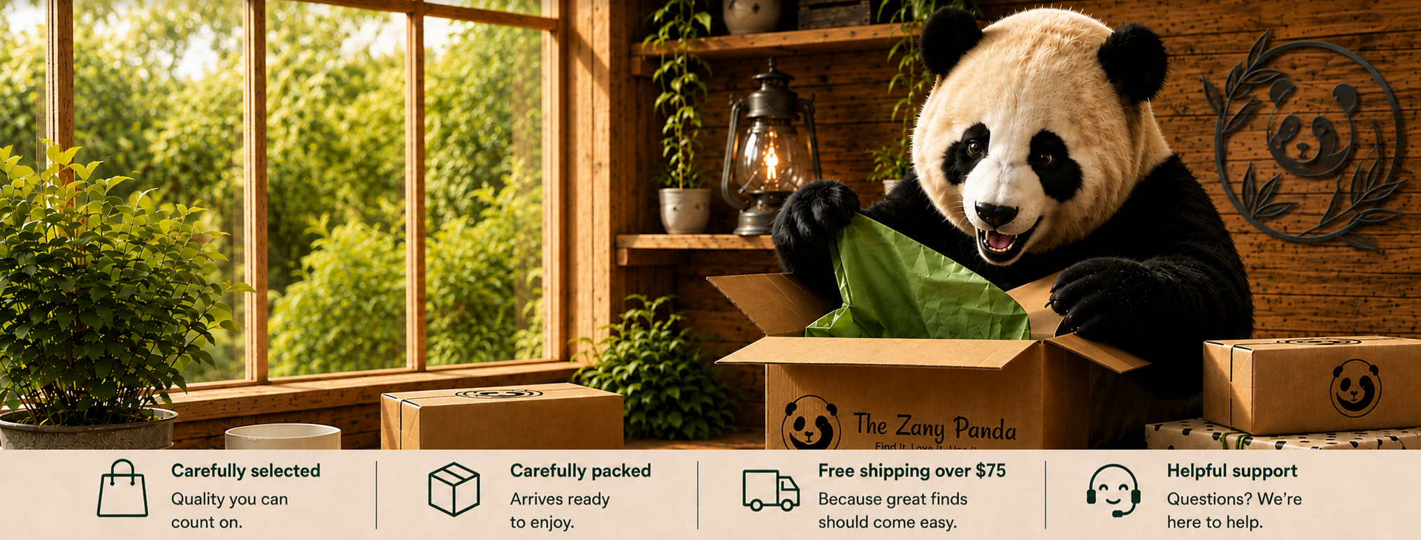 Panda unpacking a Zany Panda shipping box in a warm shop setting, with packaging and customer-service benefit icons below.